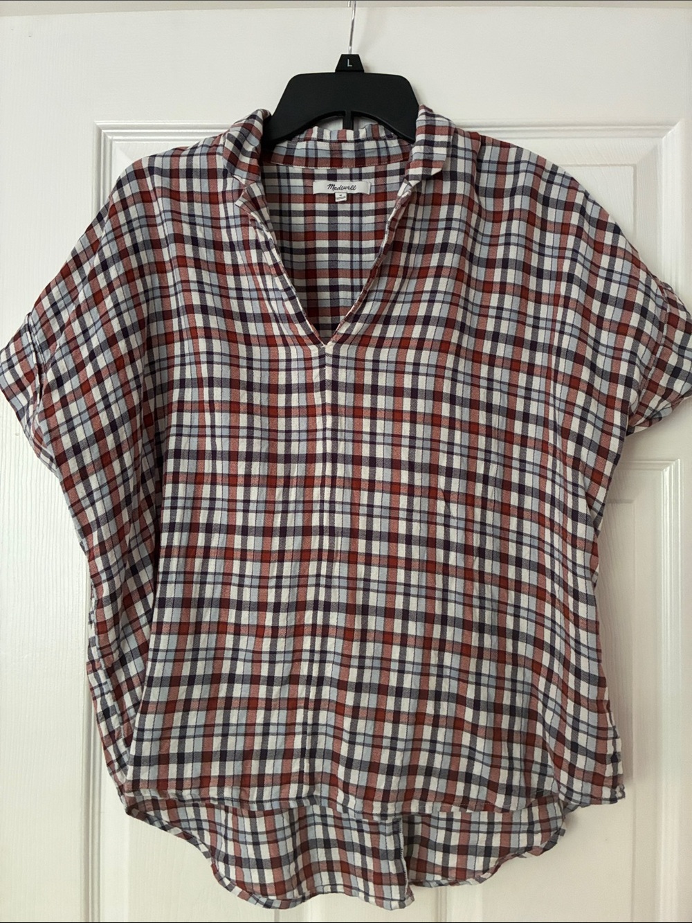 Madewell Lightweight 100% Cotton Plaid V-Neck Women's Top - Rust & Navy